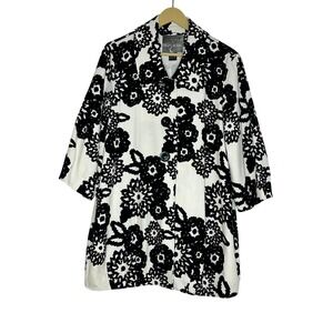 Mac & Jac Floral Button Up Coat Women 12 Black White Mod Car Jacket